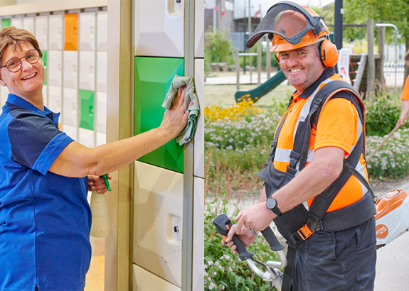 Afbeelding met tekst IBN blog en waarop een medewerker schoonmaak en medewerker groen te zien zijn
